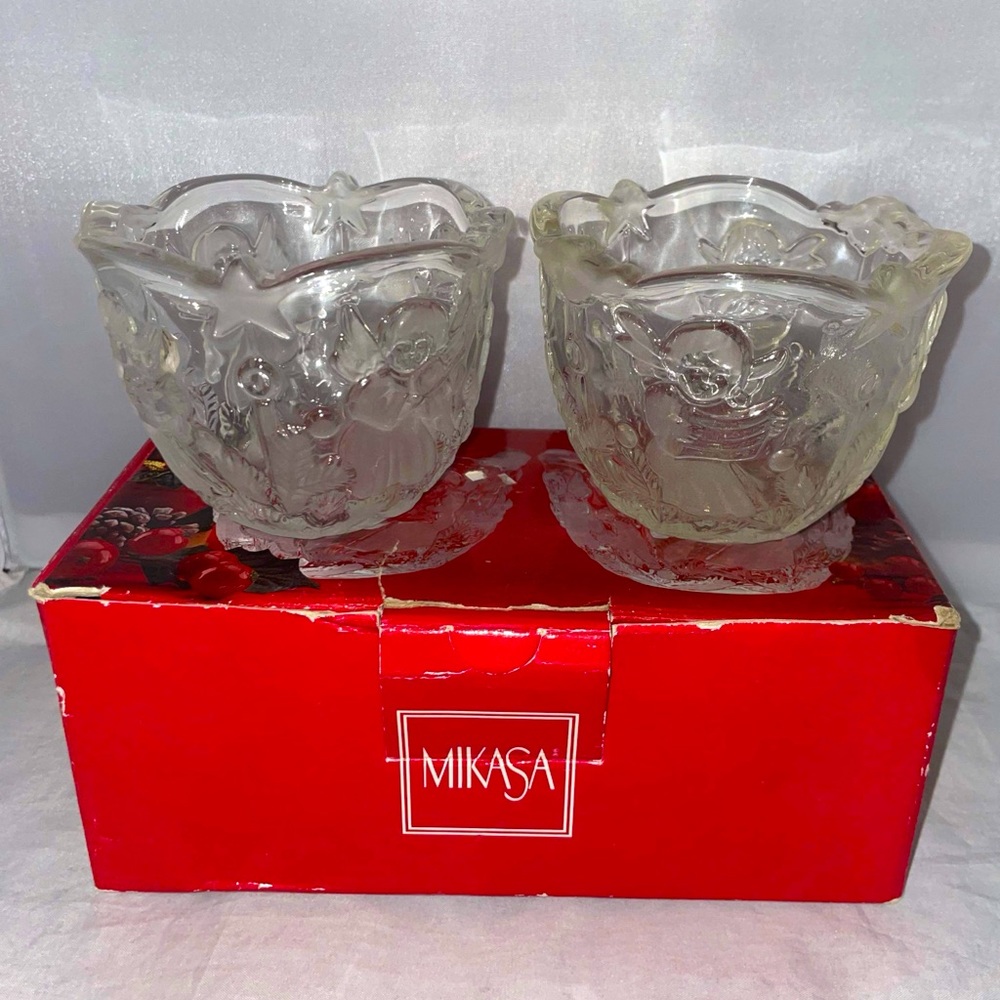 Set of 2 Mikasa Holiday Lights Crystal Votive Angel Candle Holders EUC